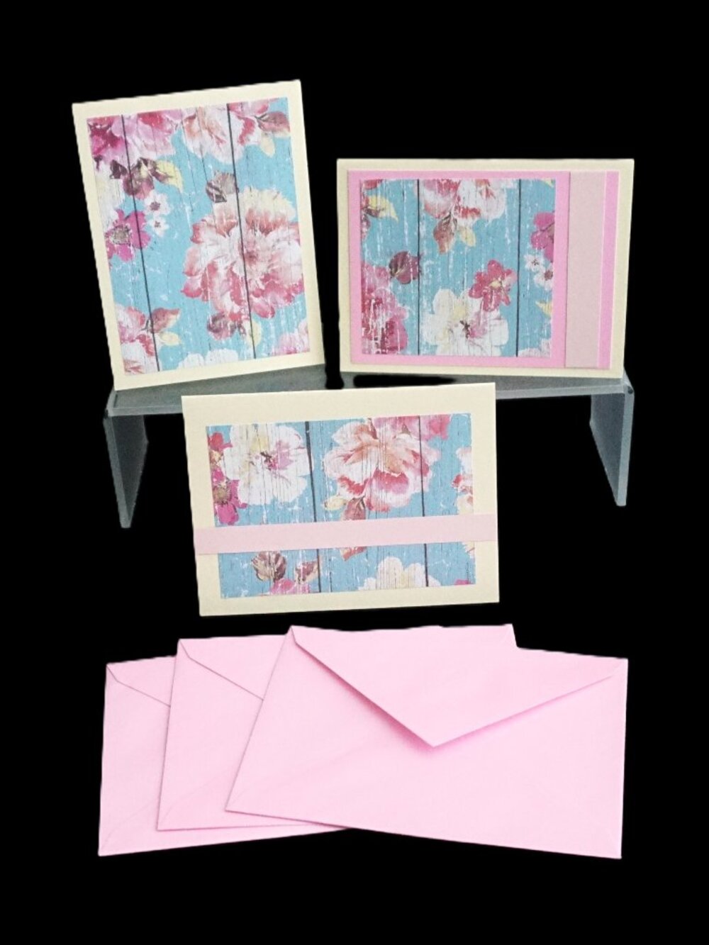 Set of 3 Vintage Country Flower Pink and Yellow Handmade Note Cards